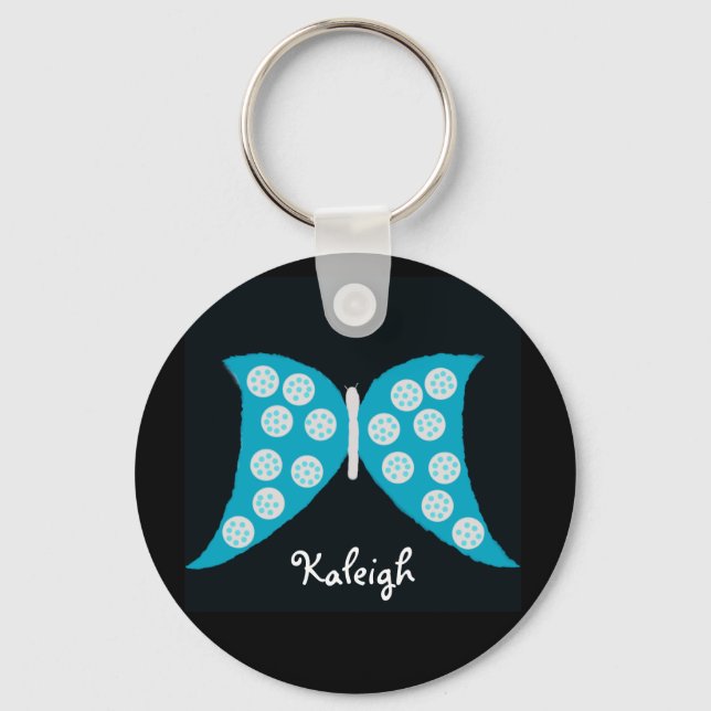 Blue Butterfly on Black Personlig Keychain Nyckelring (Framsida)