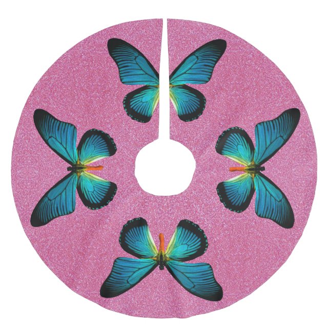 Blue Butterfly on Rosa Glitter Träd Skirt Julgransmatta Borstad Polyester (Framsidan)