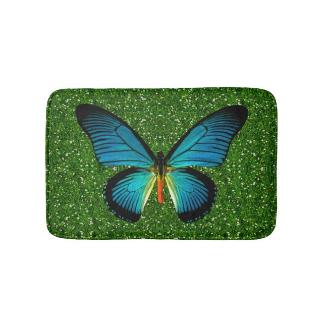 Blue Butterfly på Grönt Glitter Bath Mat Badrumsmatta (Framsidan)