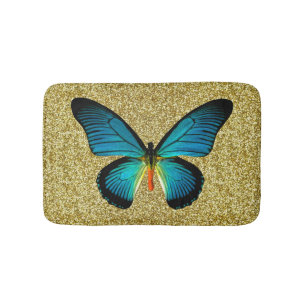 Blue Butterfly på Guld Glitter-badmat Badrumsmatta