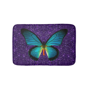 Blue Butterfly på Lila Glitter Bath Mat Badrumsmatta