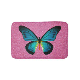 Blue Butterfly på Rosa Glitter Bath Mat Badrumsmatta