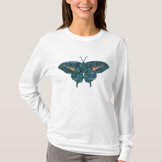 Blue Butterfly Painting Art Monet Tee Shirt (Framsida)