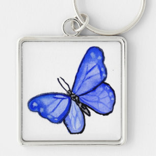 Blue Butterfly Pendant Keychains Fyrkantig Silverfärgad Nyckelring