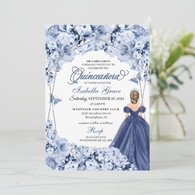 Blue Butterfly Princess Tiara Gown Quinceañera Inbjudningar (Stående Fram)