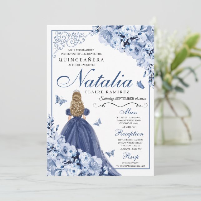 Blue Butterfly Princess Tiara Quinceañera Inbjudningar (Stående Fram)