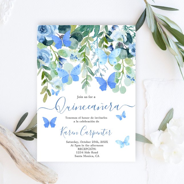 Blue Butterfly Quinceañera Sweet 15 Birthday Inbjudningar (Skapare uppladdad)
