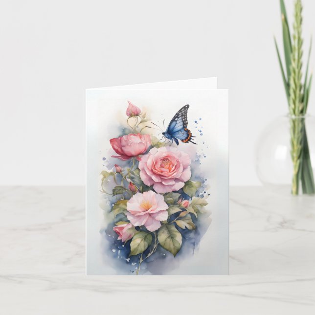 Blue Butterfly Rosa Flowers Watercolor Blank Kort (Framsida)