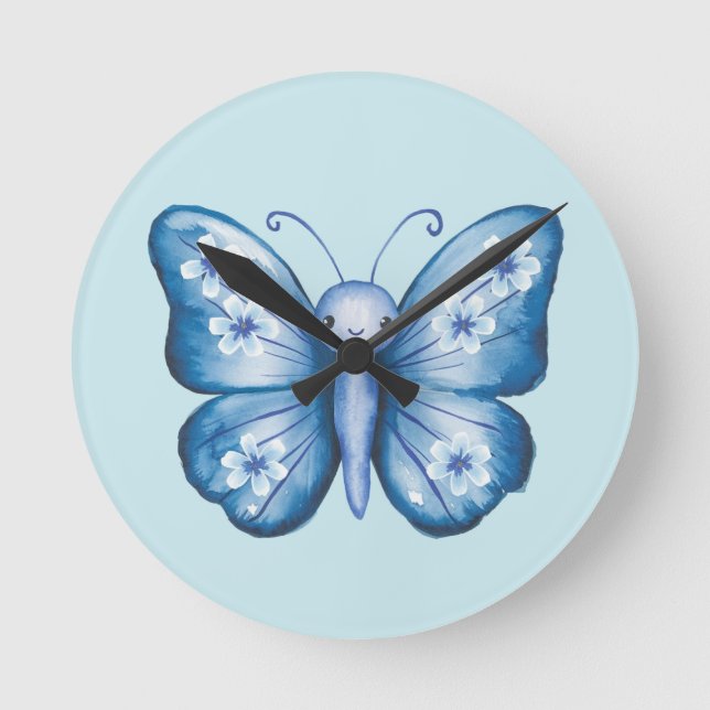 Blue Butterfly Rund Klocka (Framsida)