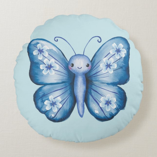 Blue Butterfly Rund Kudde (Framsidan)