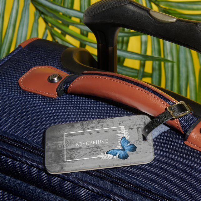 Blue Butterfly Rustic Luggage Tag Bagagebricka (Framsida Insitu 3)