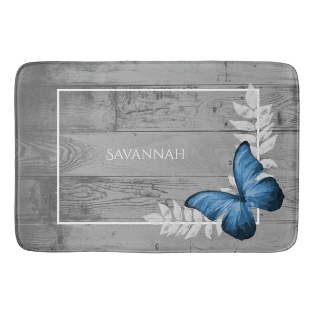 Blue Butterfly Rustic Personlig Bath Mat Badrumsmatta (Framsidan)
