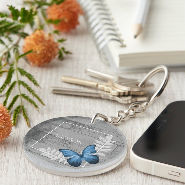 Blue Butterfly Rustic Personlig Keychain (Högra Framsidan)
