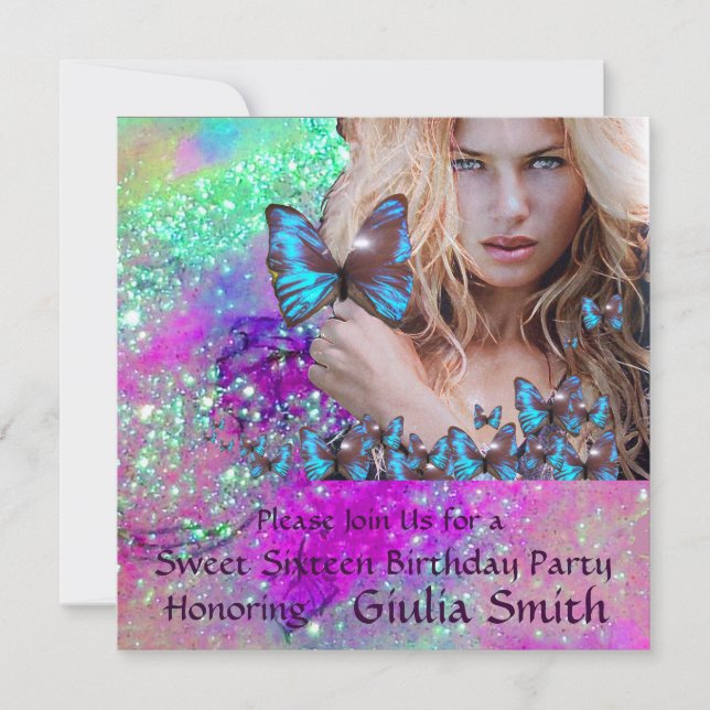 BLUE BUTTERFLY SWEET 16 PARTY MONOGRAM, Champagne Inbjudningar (Framsida)