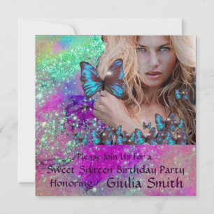 BLUE BUTTERFLY SWEET 16 PARTY MONOGRAM, Champagne Inbjudningar
