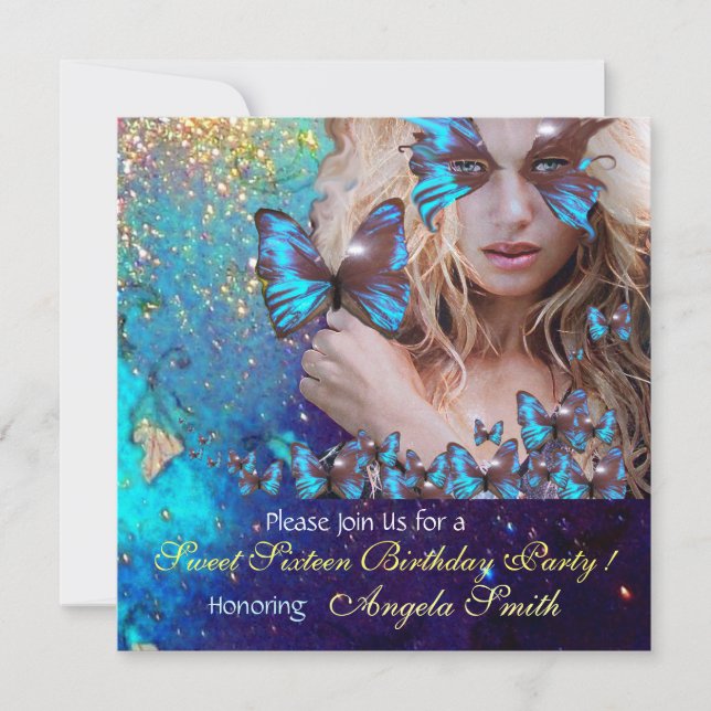 BLUE BUTTERFLY SWEET 16 PARTY MONOGRAM, Champagne Inbjudningar (Framsida)