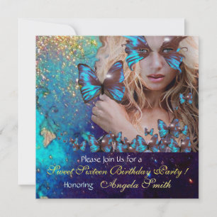 BLUE BUTTERFLY SWEET 16 PARTY MONOGRAM, Champagne Inbjudningar