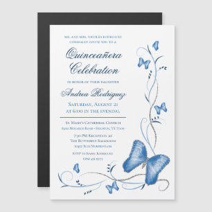 Blue Butterfly & Swirls Quinceañera Magnetisk Inbjudningskort