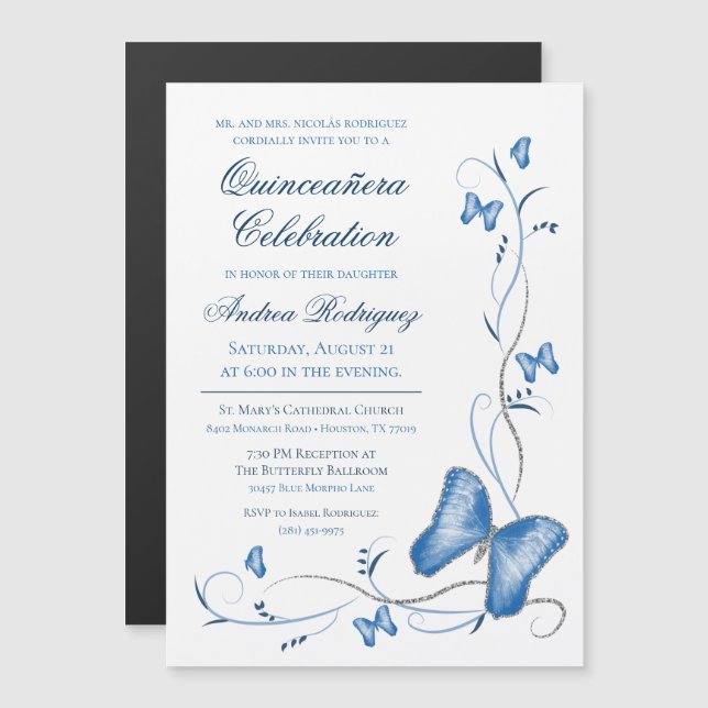Blue Butterfly & Swirls Quinceañera Magnetisk Inbjudningskort (Fram/baksida)