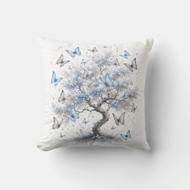Blue Butterfly Tree Throw Pillow Kudde (Framsida)