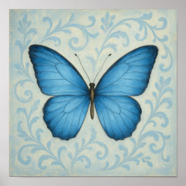 Blue Butterfly & Victorian Scrollss Square Poster