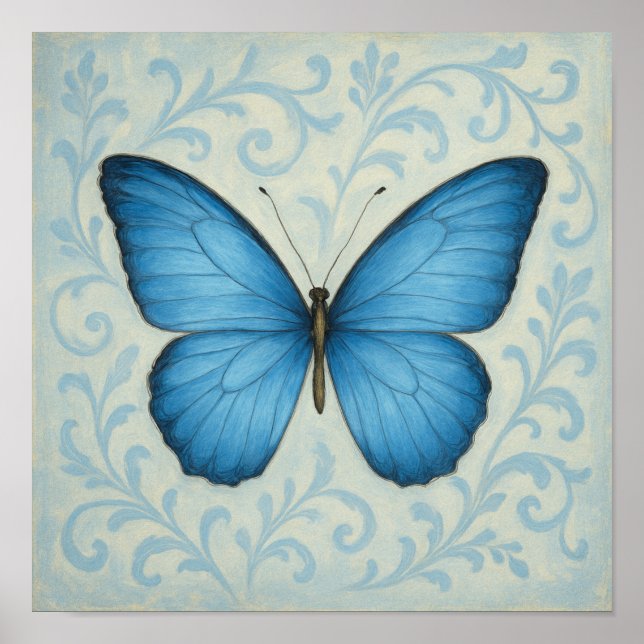 Blue Butterfly & Victorian Scrollss Square Poster (Framsidan)