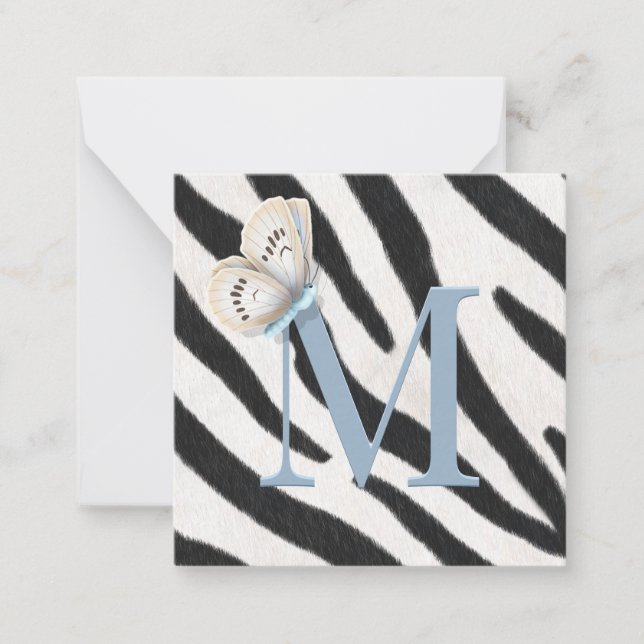 Blue Butterfly & Zebra Päls Bue Monogram Anpassnin Anteckningskort (Framsida)