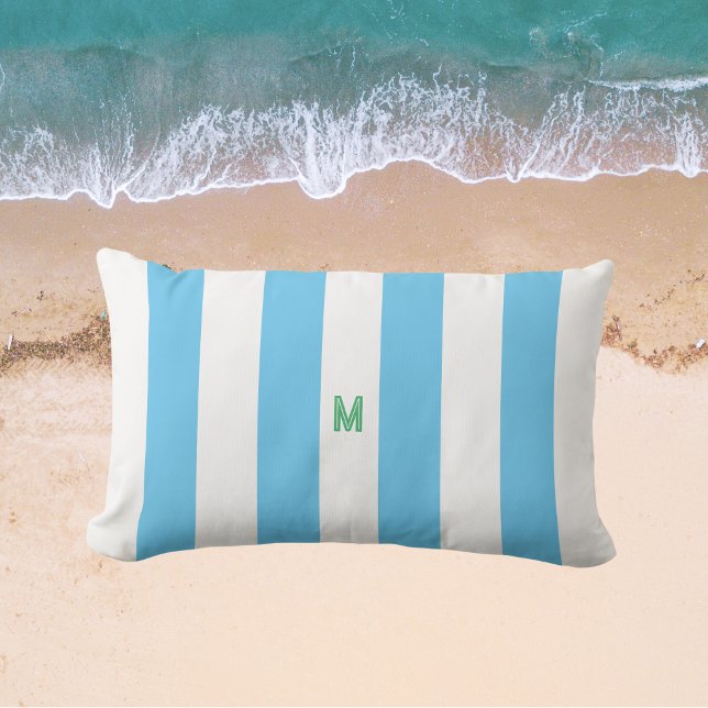 Blue Cabana Rand & Personlig Grönt Monogram Lumbarkudde (Skapare uppladdad)