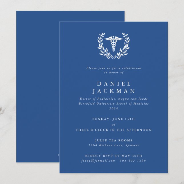 Blue Caduceus+Laurel Medical School Studenten Inbjudningar (Fram/baksida)