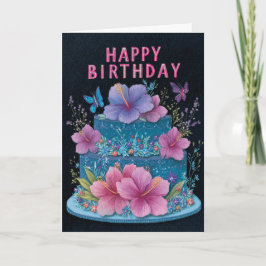 Blue Cake with Pink Hibiscus Birthday Greeting Car Kort