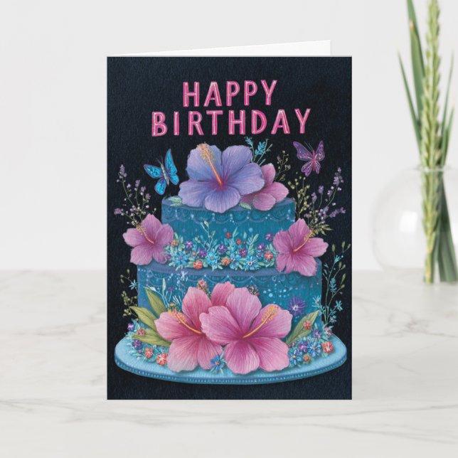 Blue Cake with Pink Hibiscus Birthday Greeting Car Kort (Framsida)
