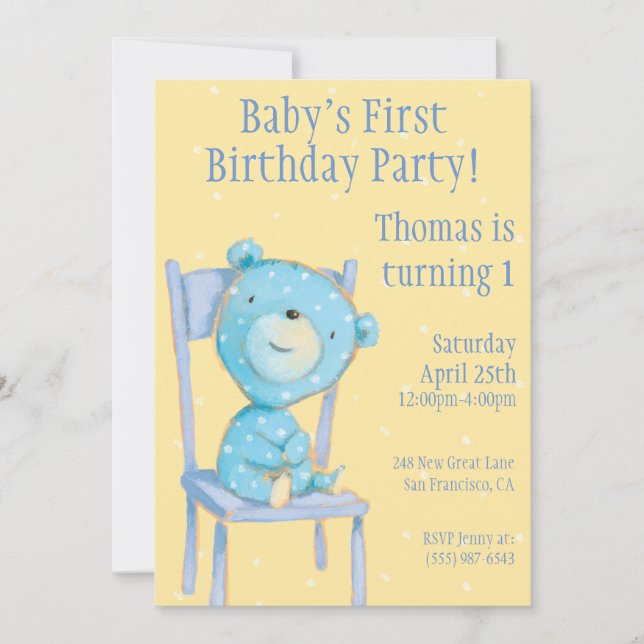 Blue Calico Bear Birthday Inbjudningar (Framsida)