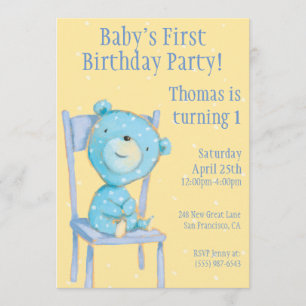 Blue Calico Bear Birthday Inbjudningar