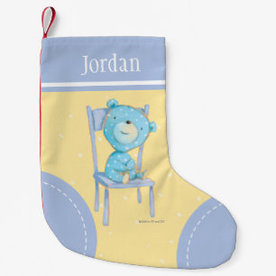 Blue Calico Bear Smiling på stol Liten Julstrumpa