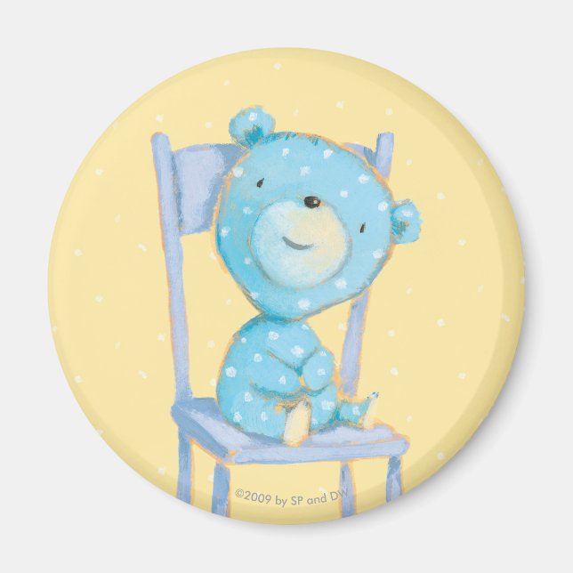 Blue Calico Bear Smiling på stol Magnet (Framsidan)