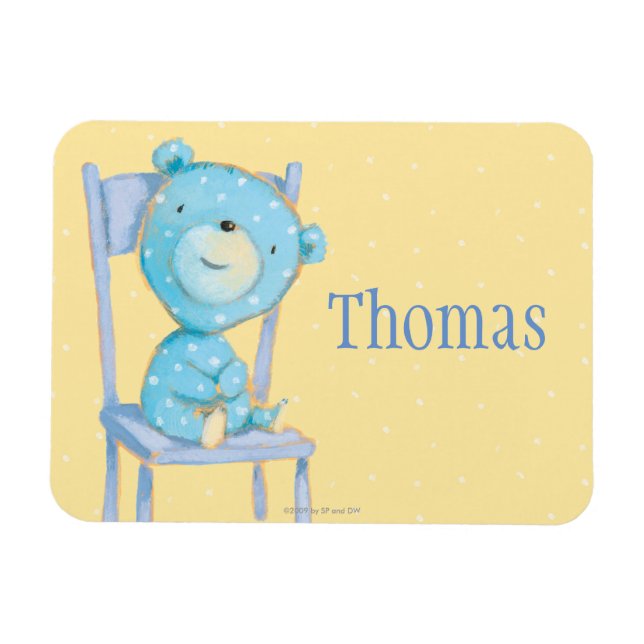 Blue Calico Bear Smiling på stol Magnet (Horisontell)
