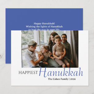 Blue Calligraphy Happiest Hanukkah family 1 foto Julkort