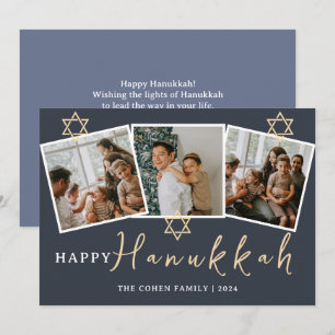 Blue Calligraphy Happiest Hanukkah family 3 foto Julkort
