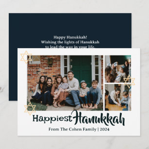 Blue Calligraphy Happiest Hanukkah family 3 foto Julkort