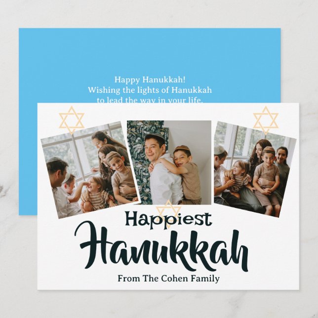 Blue Calligraphy Happiest Hanukkah family 3 foto Julkort (Fram/baksida)