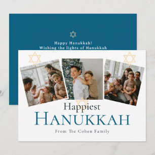 Blue Calligraphy Happiest Hanukkah family 3 foto Julkort