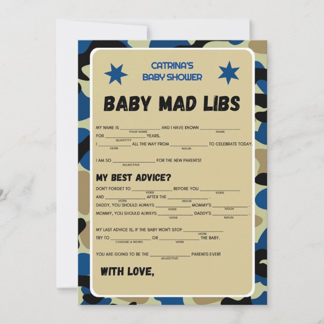 Blue Camo Baby Shower - Editable Namn, 5x7 Inbjudningar (Framsida)