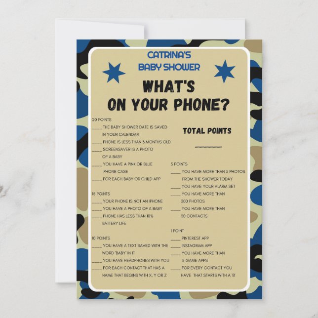 Blue Camo Baby Shower - Editable Namn, inbjudan fe (Framsida)