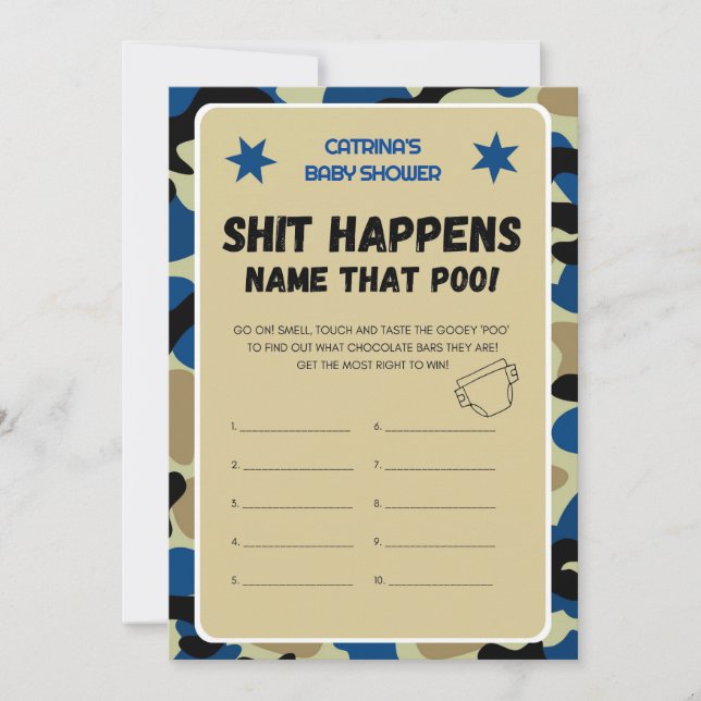 Blue Camo Baby Shower - Editable Namn, inbjudan fe (Framsida)