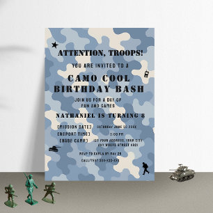 Blue Camo Milio Birthday Armé Party Inbjudningar