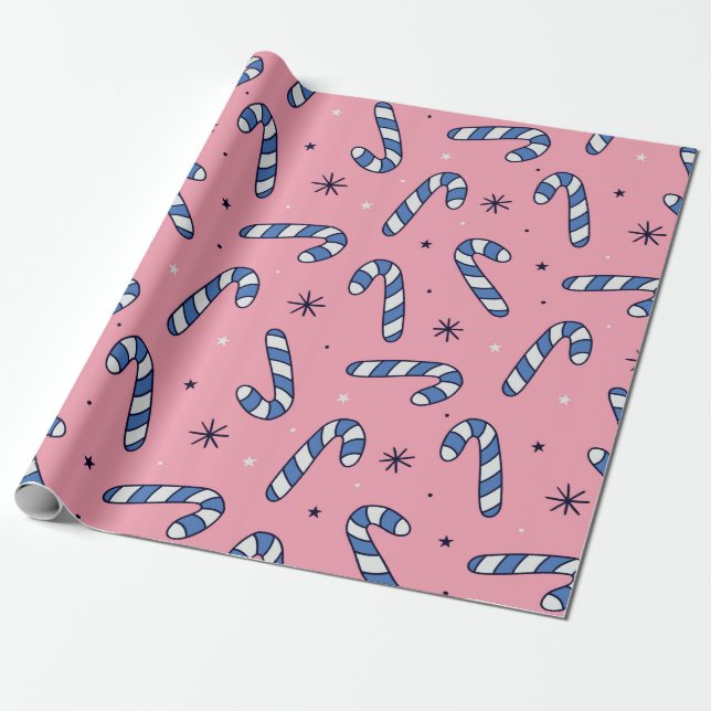 Blue Candy Canes on Pink Holiday Pattern Presentpapper (Utrullad)