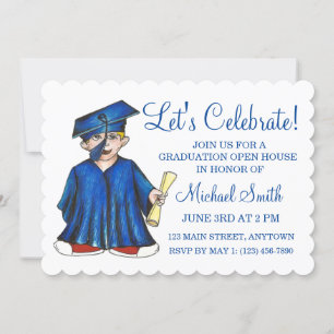 Blue Cap Gown School Studentfest Open House Inbjudningar
