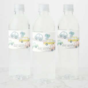 Blue Car Balloons White Boy Baby Shower Vattenflaskor Etikett