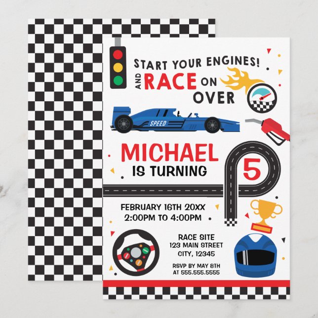 Blue Car Racing  Birthday kid Invitation Inbjudningar (Fram/baksida)