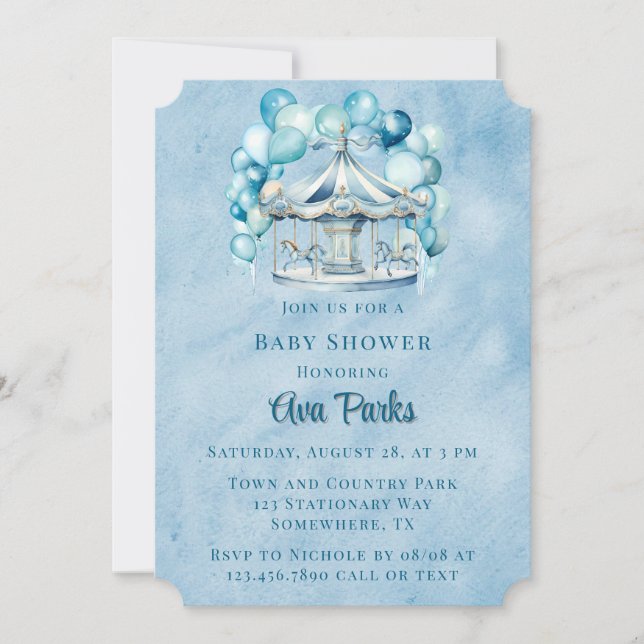 Blue Carousel med Arch Balloons Boy Shower Inbjudningar (Framsida)